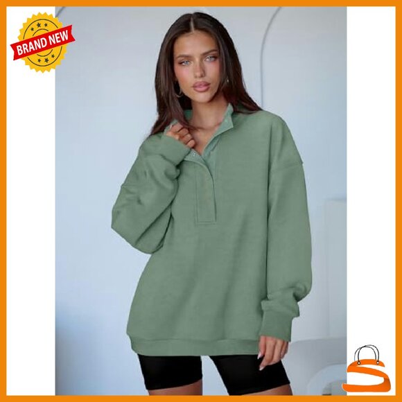 Oversized Henley Pullover Sweatshirt Loose Fit Button Collar Long Sleeve - Picture 3 of 8